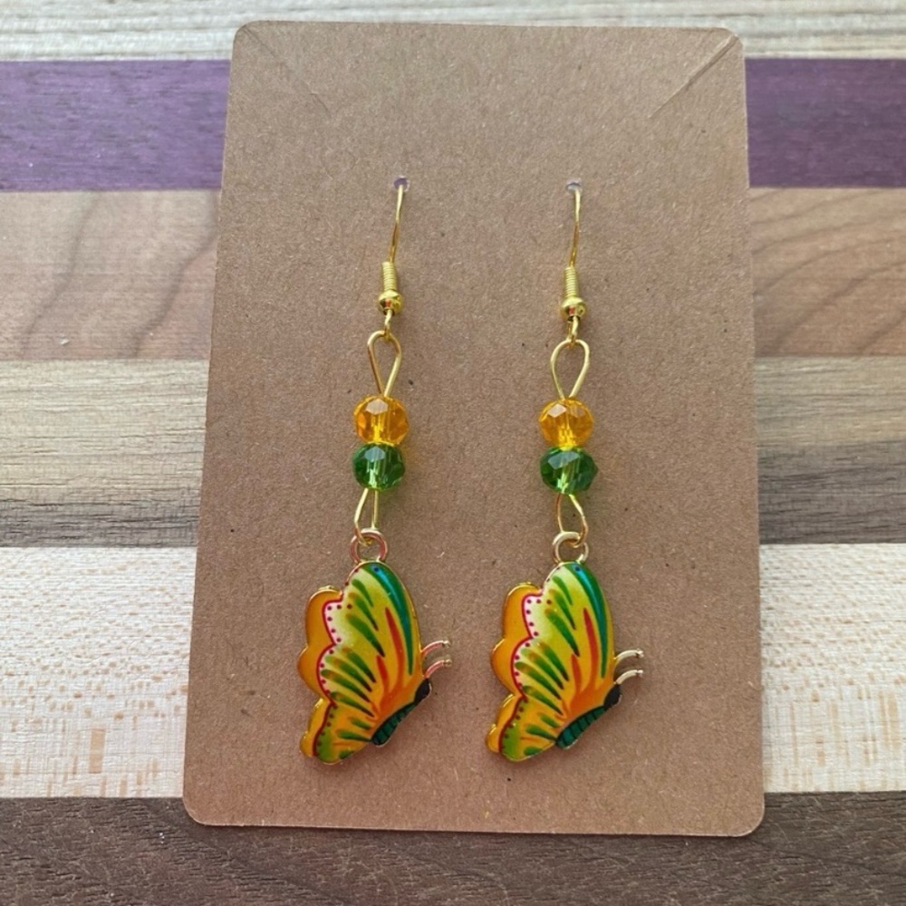Hand Crafted Yellow Multicolor Butterfly Beaded Dangle Earrings